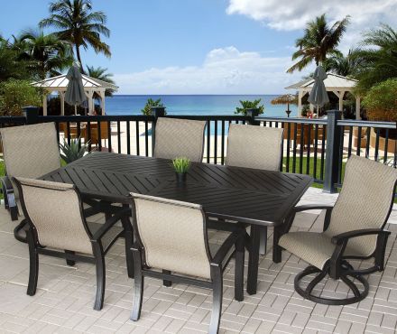 Barbados Sling Outdoor Patio 7pc Dining Set with 44x86 Rectangle Table Series 4000 - Antique Bronze Finish