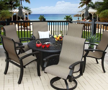 Barbados Sling Patio 7pc Fire Pit Set with 52 Inch Round Fire Pit