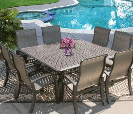 Barbados Sling Outdoor Patio 9pc Dining Set for 8 Person with 64x64 Square Series 5000 Table - Antique Bronze Finish