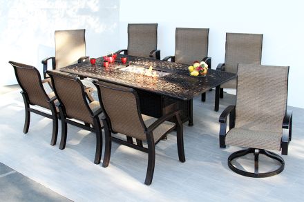 Barbados Sling Outdoor Patio 9pc Dining Set for 8 Person with Rectangle Fire Table