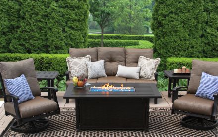 Barbados Cushion Outdoor Patio 6pc Set Sofa club Swivel Rocker End Tables 34X58 Fire Table Series 4000