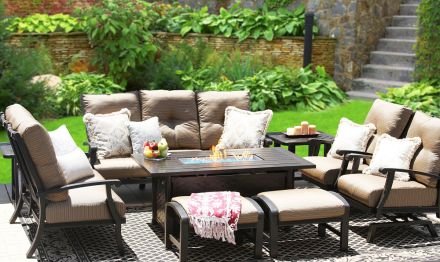 Barbados Cushion Patio Set Sofa Loveseat Club Spring Rocker Side Tables 34X58 Rectangle Fire Pit