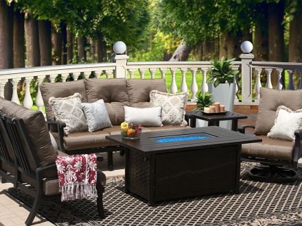 Barbados Cushion Outdoor Patio 6pc Set Sofa Loveseat Club Swivel Rocker End Tables 34X58 Rectangle Fire Table Series 4000