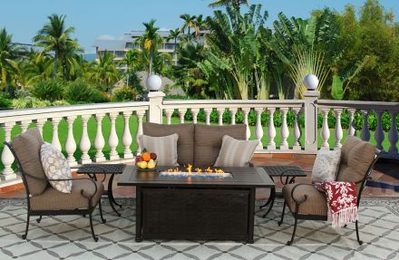 Tortuga Cast Outdoor Patio 6pc Set Loveseat Club Chairs End Table 34x58 Inch Fire Table Series 4000