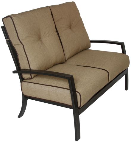 Quincy Cast Outdoor Patio Loveseat With Sunbrella Sesame Linen Cushion