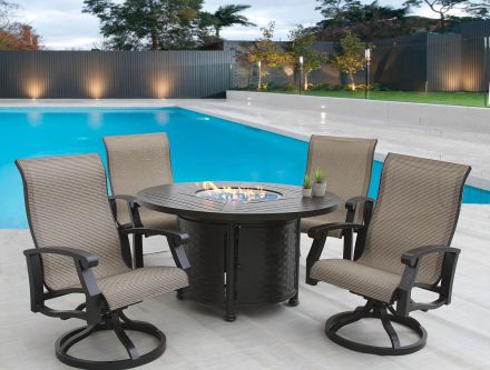 Barbados Sling Outdoor Patio 5pc Dining Set with 50 Inch Round Fire Table Series 4000 